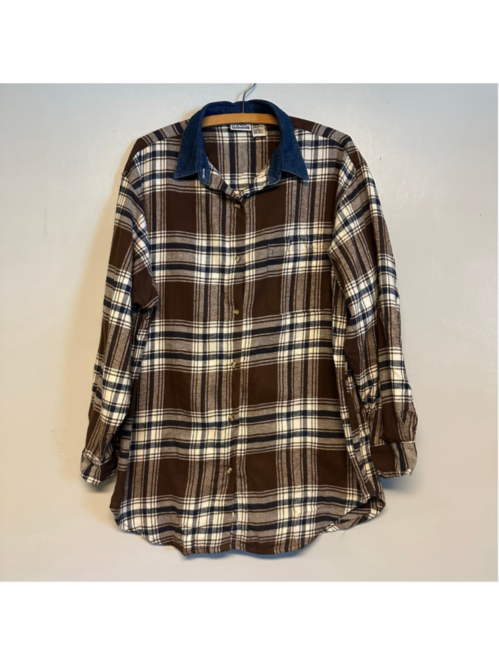 Basic Editions Plaid Button Down Shirt, Large, Brown and White Denim Collar
